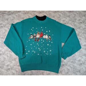 Vintage Morning Sun Whittier Bird Snow Christmas Sweatshirt USA Made Teal Size M